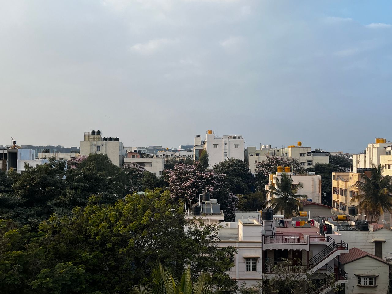 creative-02 View of Bengaluru's residential skyline with trees and clear sky.